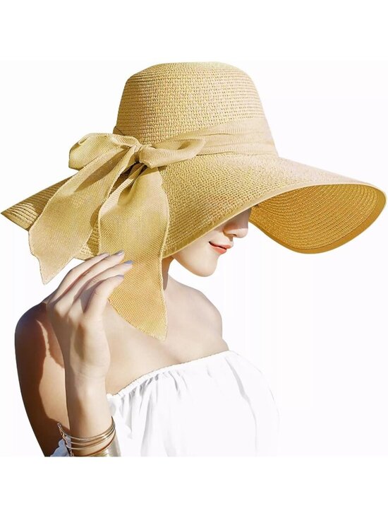 Women\'s Yellow 5.7 Inches Big Bowknot Straw Hat Large Floppy Foldable Cap